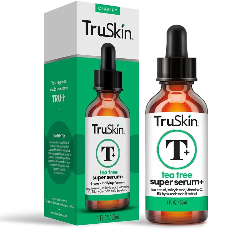 TruSkin Tea Tree Oil Super Serum bottle with glass dropper applicator and outer box on Glamit.pk