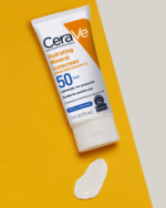 CeraVe Hydrating Mineral Sunscreen spf 50 tube on yellow background