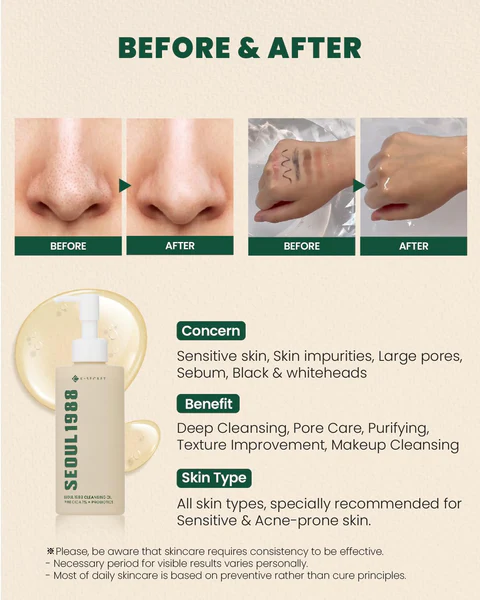 KSecret Seoul1988 Cleansing Oil Pine Cica 1% +Probiotics 200ml before after results