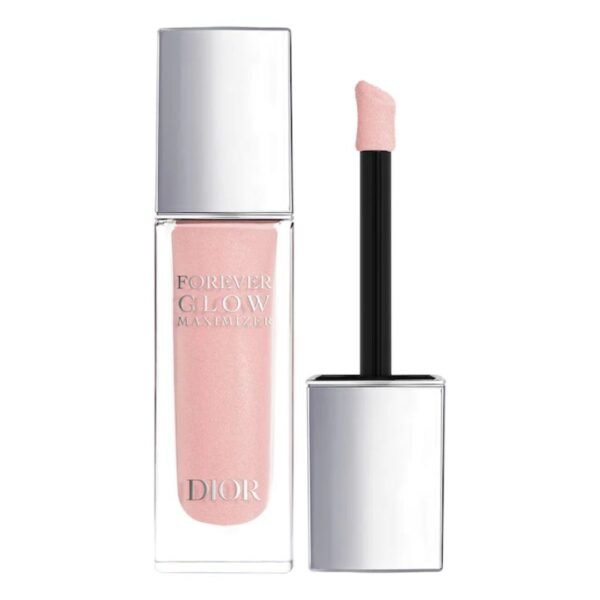 Dior Forever Glow Maximizer Longwear Liquid Highlighter in the shade Pink. A sleek glass bottle with the Dior logo, showcasing a vibrant rosy liquid shimmer and a large cushion applicator for precise placement