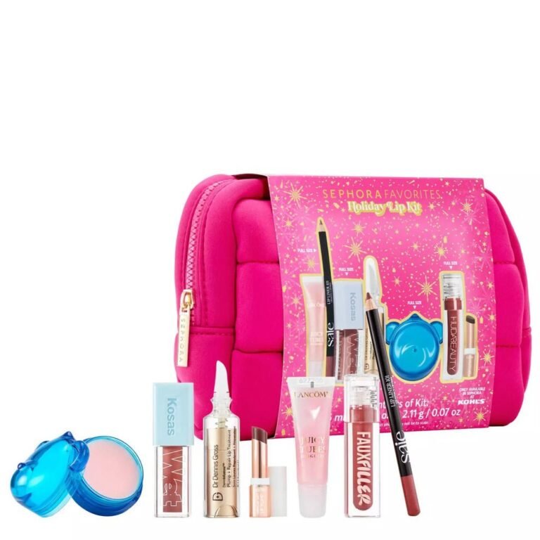 Contents of Sephora Favorites Holiday Lip Kit featuring Huda Beauty Faux Filler, Kosas Lip Oil, and Dr. Jart Ceramidin Lip Treatment available at GlamItPK.