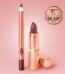 Charlotte Tilbury Mini Pillow Talk Intense Lip Kit featuring a deep berry-rose Lip Cheat liner and Matte Revolution lipstick on a gold-accented background.