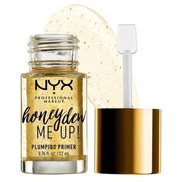 NYX Honey Dew Me Up Primer bottle with gold flakes and spatula applicator.