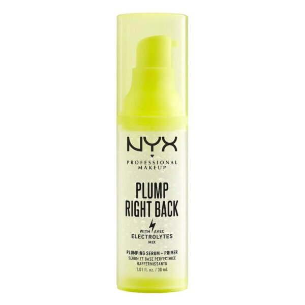 NYX Professional Makeup Plump Right Back Serum and Primer bottle with a yellow pump, showing the clear electrolyte-infused formula.