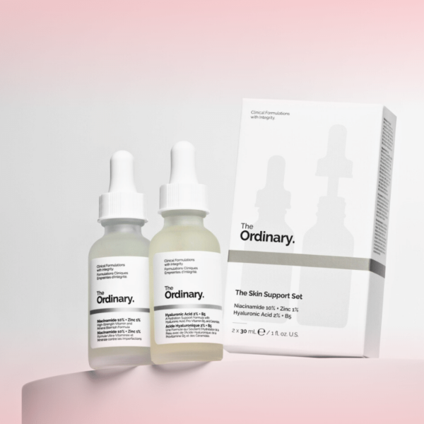 The Ordinary The Skin Support Set retail box displaying the Hyaluronic Acid 2% + B5 and Niacinamide 10% + Zinc 1% dropper bottles on Glamit Pakistan.