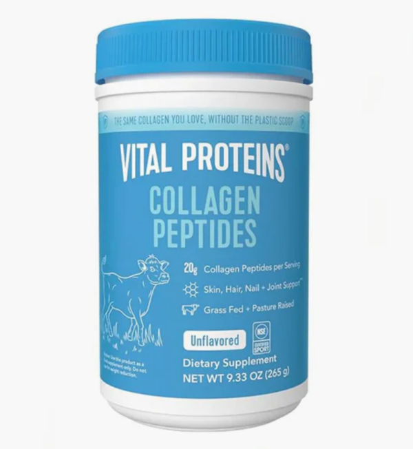 Vital Proteins Collagen Peptides Unflavored 265g blue tub canister showing the supplement facts panel on Glamit Pakistan.