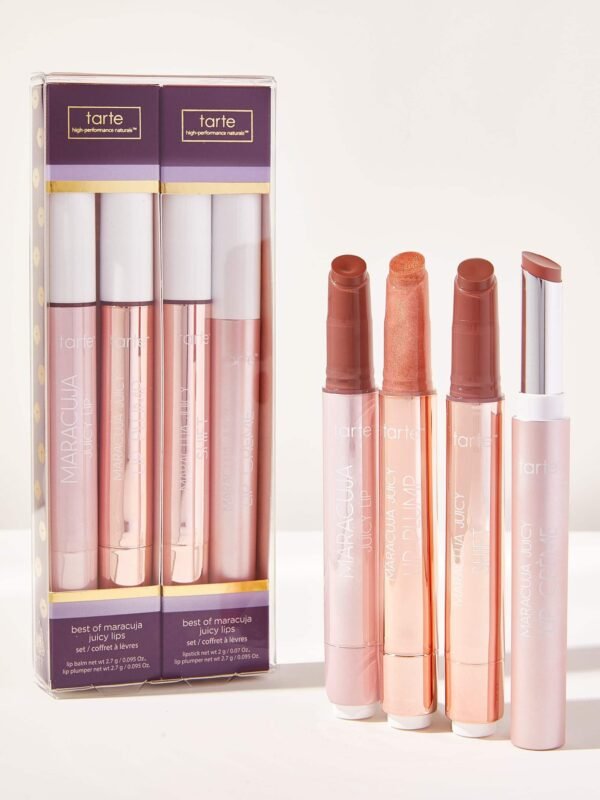 The Tarte Best Of Maracuja Juicy Lips Set gift box showcasing multiple shades of click-up juicy lip balms on Glamit Pakistan.