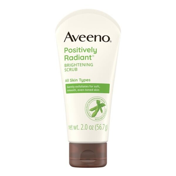 Aveeno Positively Radiant Brightening and Exfoliating Scrub 56g travel size green and white tube displayed on Glamit Pakistan.