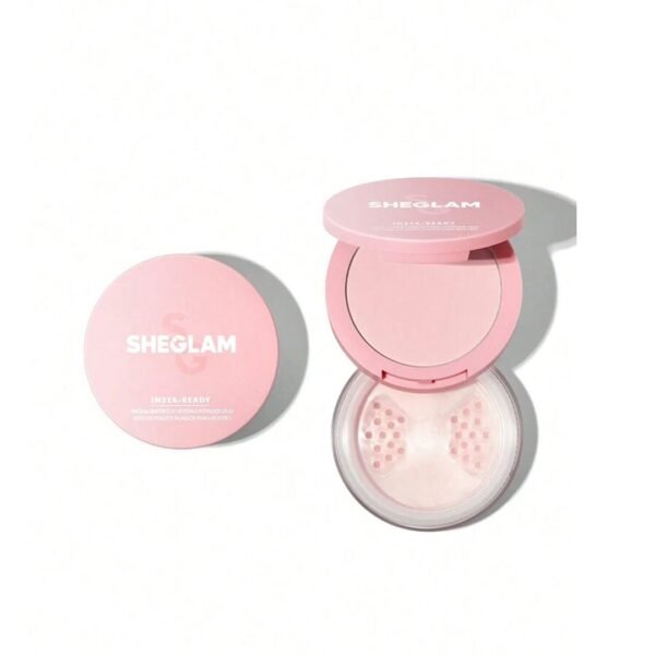 Sheglam Insta-Ready Face and Under Eye Setting Powder in Bubblegum showing the open dual-tier compact with pressed and loose pink powder on Glamit Pakistan.