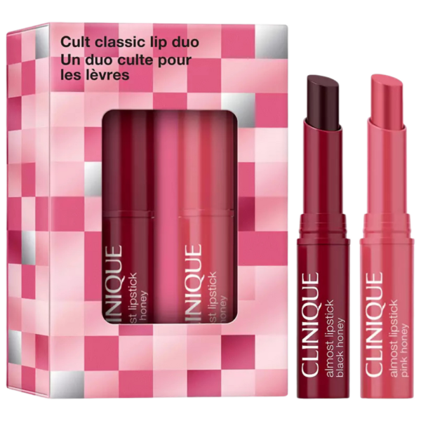 CLINIQUE Cult Classic Lip Duo showcasing the Black Honey Almost Lipstick bullet and its coordinating lip liner on a clean, luxury backdrop, available on glamit.pk Pakistan.