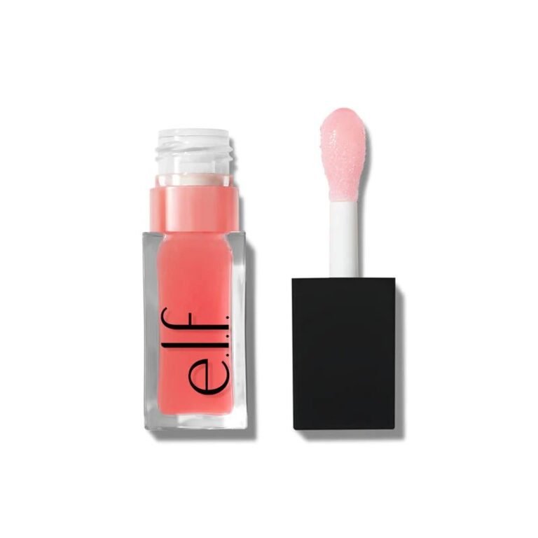 Close-up of e.l.f. Glow Reviver Lip Oil in the shade Red Delicious showing the sheer berry red oil inside a clear bottle with a plush applicator, available on glamit.pk Pakistan.