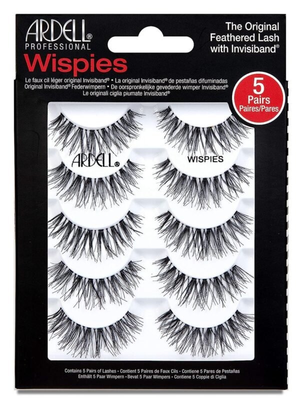 A single pair of classic Ardell Wispies Black false eyelashes displayed inside its iconic white and green cardboard packaging, highlighting the signature feathery criss-cross lash design, available on glamit.pk Pakistan.