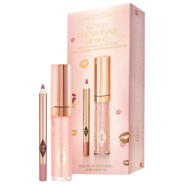 Charlotte Tilbury Mini Glossy Pink Lip Gloss and precision lip liner duo displayed next to its luxury pink and rose-gold packaging, available on glamit.pk Pakistan.