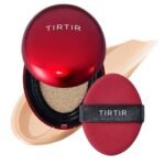 TIRTIR Mask Fit Red Cushion foundation compact in metallic red with an egg-shaped puff and foundation swatch