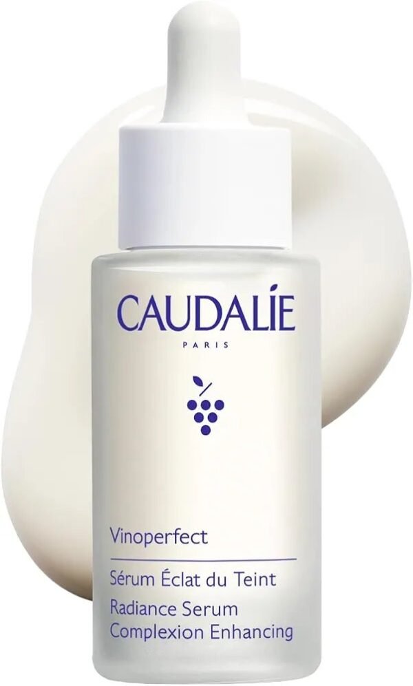 Caudalie Vinoperfect Radiance Serum glass bottle with dropper on a clean white background