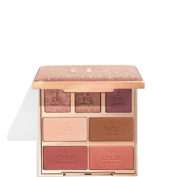 Charlotte Tilbury Hollywood Instant Look in a Palette Dreamy Bronzed Beauty showing the glittery packaging and open palette with numbered pans - Glamit.pk