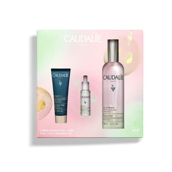 Caudalie Beauty Elixir Detox and Glow Bestsellers Trio box showing the full size Beauty Elixir mist, Vinoperfect Serum, and Instant Detox Mask - Glamit.pk