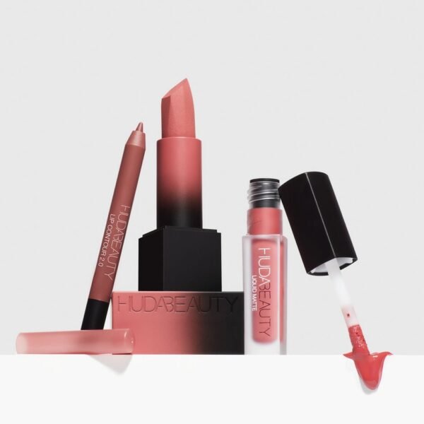 Original HUDA BEAUTY Ultimate Lip Trio Set shade Icon containing lip liner, liquid matte lipstick, and lip gloss displayed on GLAMIT PK