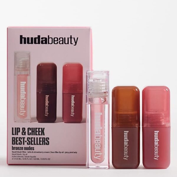 Original HUDA BEAUTY Lip and Cheek Best Sellers Bronze Nudes Set containing liquid blushes and lip oil on GLAMIT PK
