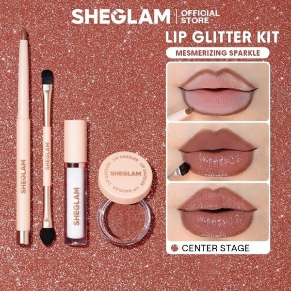 Original SHEGLAM Lip Dazzler Glitter Kit in shade Center Stage featuring lip bond, berry glitter, and brush on GLAMIT PK