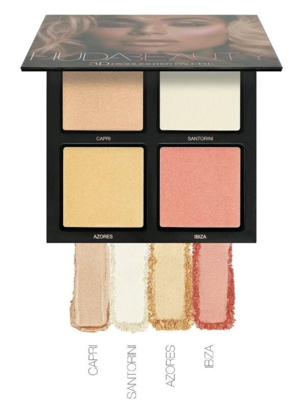 Huda Beauty Pink Sands 3D Highlighter Palette open compact featuring Capri, Santorini, Azores, and Ibiza shades available on GLAMIT PK