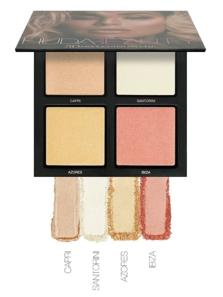 Huda Beauty Pink Sands 3D Highlighter Palette open compact featuring Capri, Santorini, Azores, and Ibiza shades available on GLAMIT PK