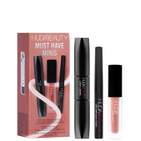 Huda Beauty Must Have Minis Set featuring mini setting powder, liquid lipstick, and mascara available on GLAMIT PK