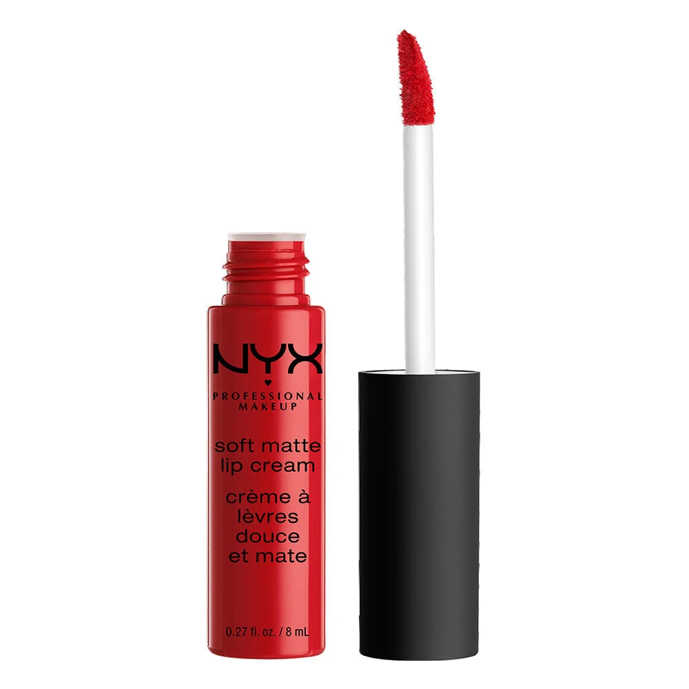 NYX Professional Makeup Soft Matte Lip Cream tube open with applicator wand showing a velvety liquid lipstick texture
