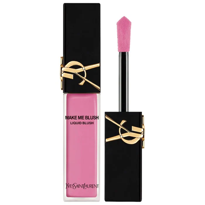 Yves Saint Laurent Make Me Blush Liquid Blush tube with iconic gold YSL logo next to its plush doe-foot applicator - Glamit.pk