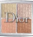 An open DIOR Backstage Glow Face Palette 002 showcasing four shimmery highlighter and blush shades embossed with the Dior logo on a mirrored surface with a makeup brush, available on GLAMIT PK.