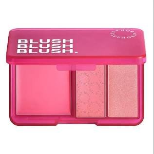 Sephora Collection Blush Blush Blush compact open revealing a cream blush pan, a matte powder blush pan, and a shimmering powder highlighter pan