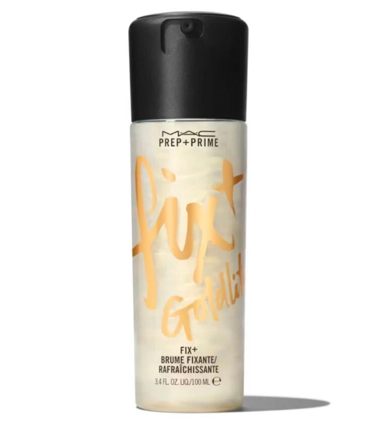 MAC Prep + Prime Fix+ Shimmer Goldlite 100ml setting spray bottle against a clean background available at GlamItPK