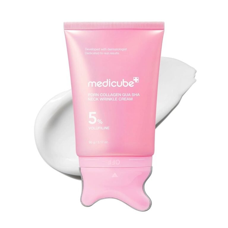 Medicube PDRN Collagen Gua Sha Neck Wrinkle Cream tube with built-in massage head available at Glamit.pk