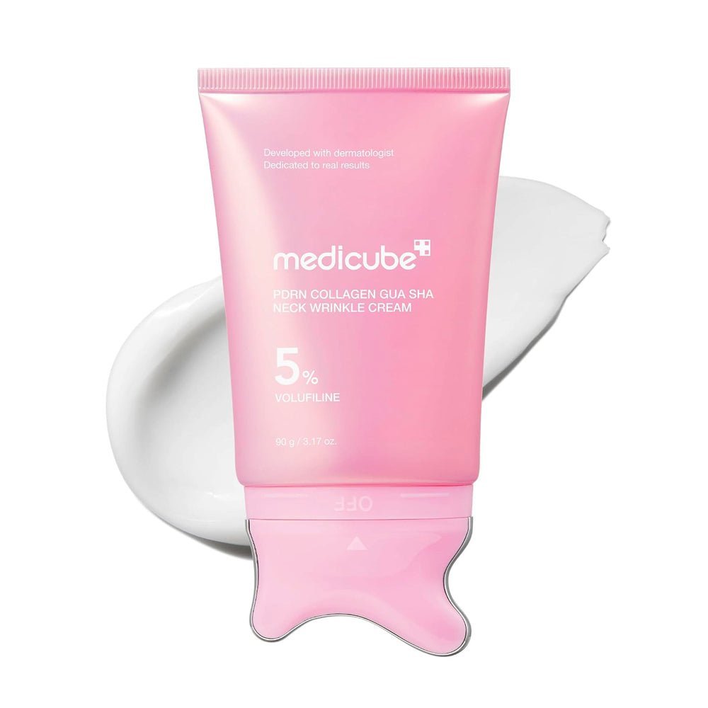 Medicube PDRN Collagen Gua Sha Neck Wrinkle Cream tube with built-in massage head available at Glamit.pk