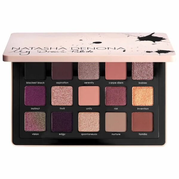Open view of the 15-pan Natasha Denona My Dream Eyeshadow Palette showing buttery mattes and multichrome shades on Glamitpk