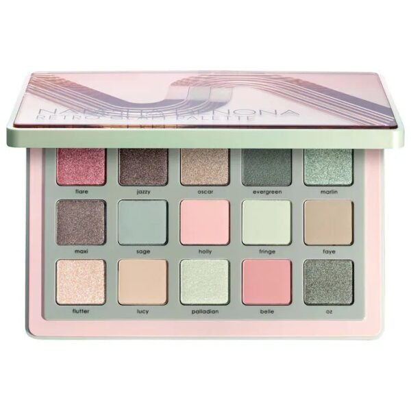 Open view of the 15-pan Natasha Denona Retro Glam Eyeshadow Palette showing olive greens, mints, and neutral shades on Glamitpk