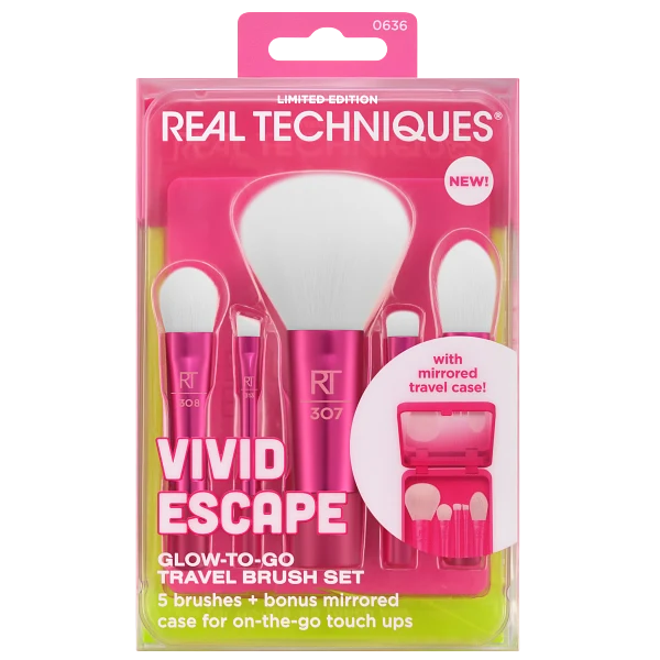Real Techniques Vivid Escape Glow To Go Travel Makeup Brush Set available on GLAMIT PK