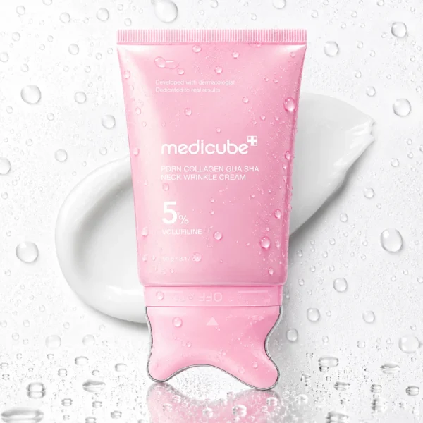 Medicube PDRN Collagen Gua Sha Neck Wrinkle Cream tube with built-in massage head available at Glamit.pk
