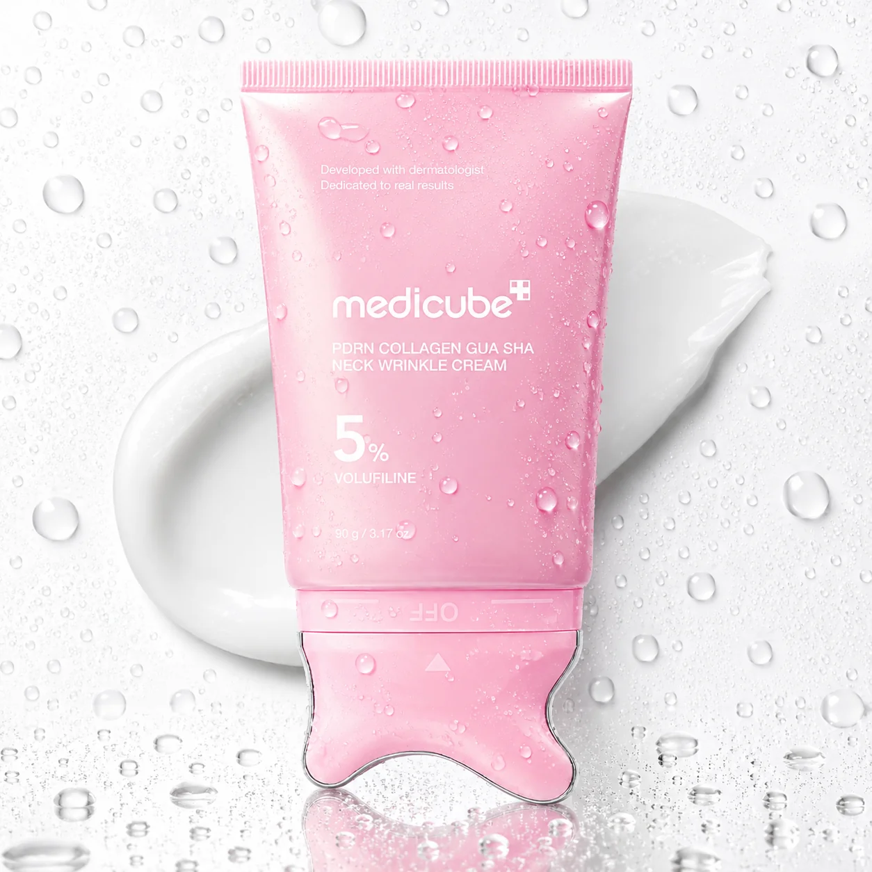 Medicube PDRN Collagen Gua Sha Neck Wrinkle Cream tube with built-in massage head available at Glamit.pk