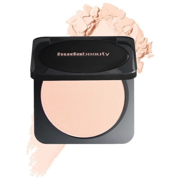 Text: Huda Beauty Easy Bake Airbrush Matte Pressed Setting Powder in Peach Cupcake for oil control and blurring
